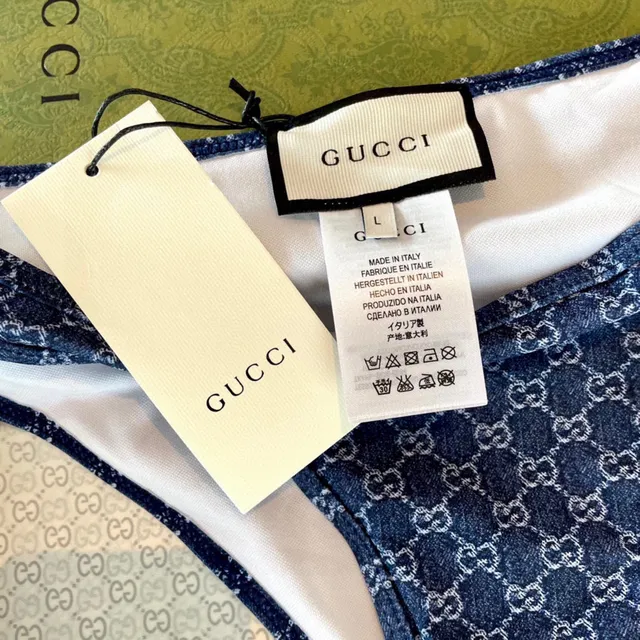 Gucci Blue Gold Monogrammed Denim-Effect Halter Triangle Top Swimwear 3