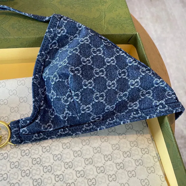 Gucci Blue Gold Monogrammed Denim-Effect Halter Triangle Top Swimwear 5