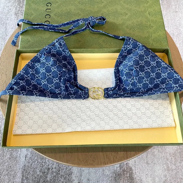 Gucci Blue Gold Monogrammed Denim-Effect Halter Triangle Top Swimwear 6