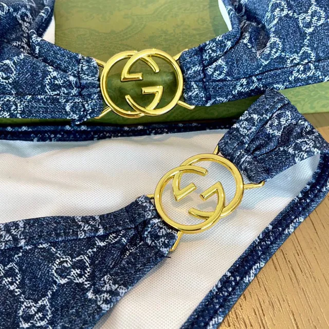 Gucci Blue Gold Monogrammed Denim-Effect Halter Triangle Top Swimwear 7