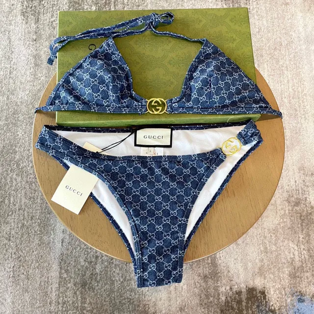 Gucci Blue Gold Monogrammed Denim-Effect Halter Triangle Top Swimwear 8
