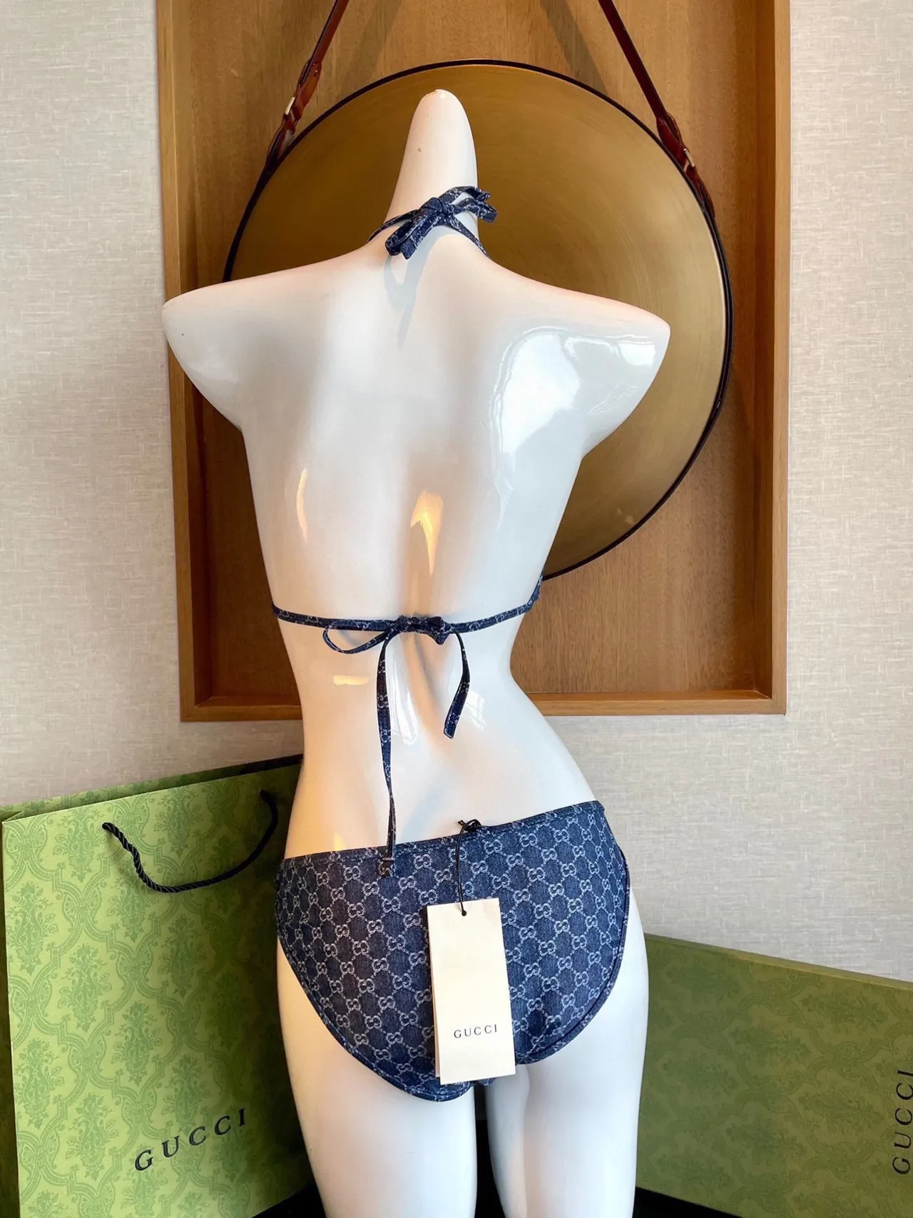 Gucci Blue Gold Monogrammed Denim-Effect Halter Triangle Top Swimwear 9