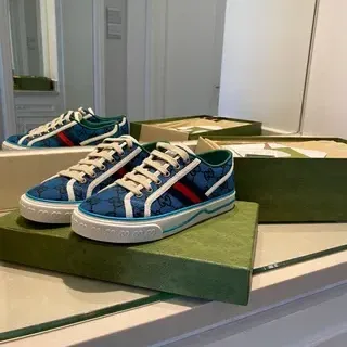 Gucci Blue White Monogram Canvas Upper Web Stripe Accent Lifestyle Sneakers
