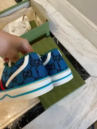 Gucci Blue White Monogram Canvas Upper Web Stripe Accent Lifestyle Sneakers 4