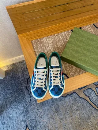 Gucci Blue White Monogram Canvas Upper Web Stripe Accent Lifestyle Sneakers 5