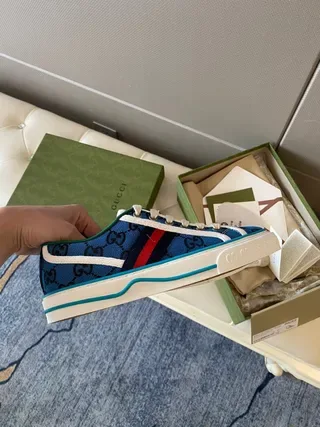 Gucci Blue White Monogram Canvas Upper Web Stripe Accent Lifestyle Sneakers 6