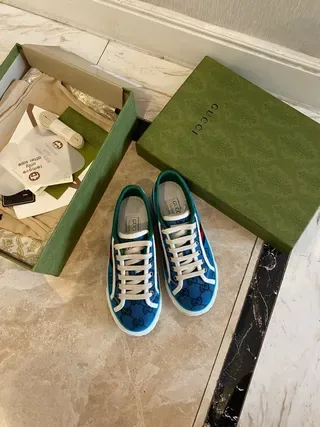 Gucci Blue White Monogram Canvas Upper Web Stripe Accent Lifestyle Sneakers 7