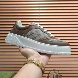 Gucci Brown Beige GG Monogram Canvas Leather Panels Lifestyle Sneakers
