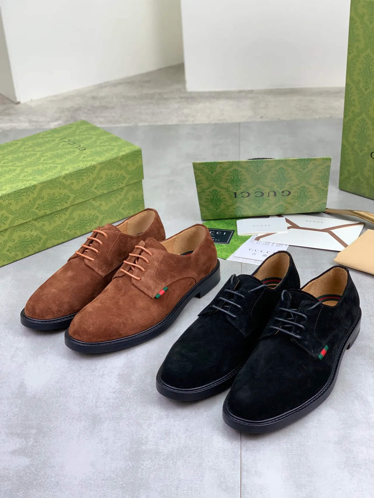 Gucci Brown Black Suede Upper Web Stripe Detail Derby Shoes 2