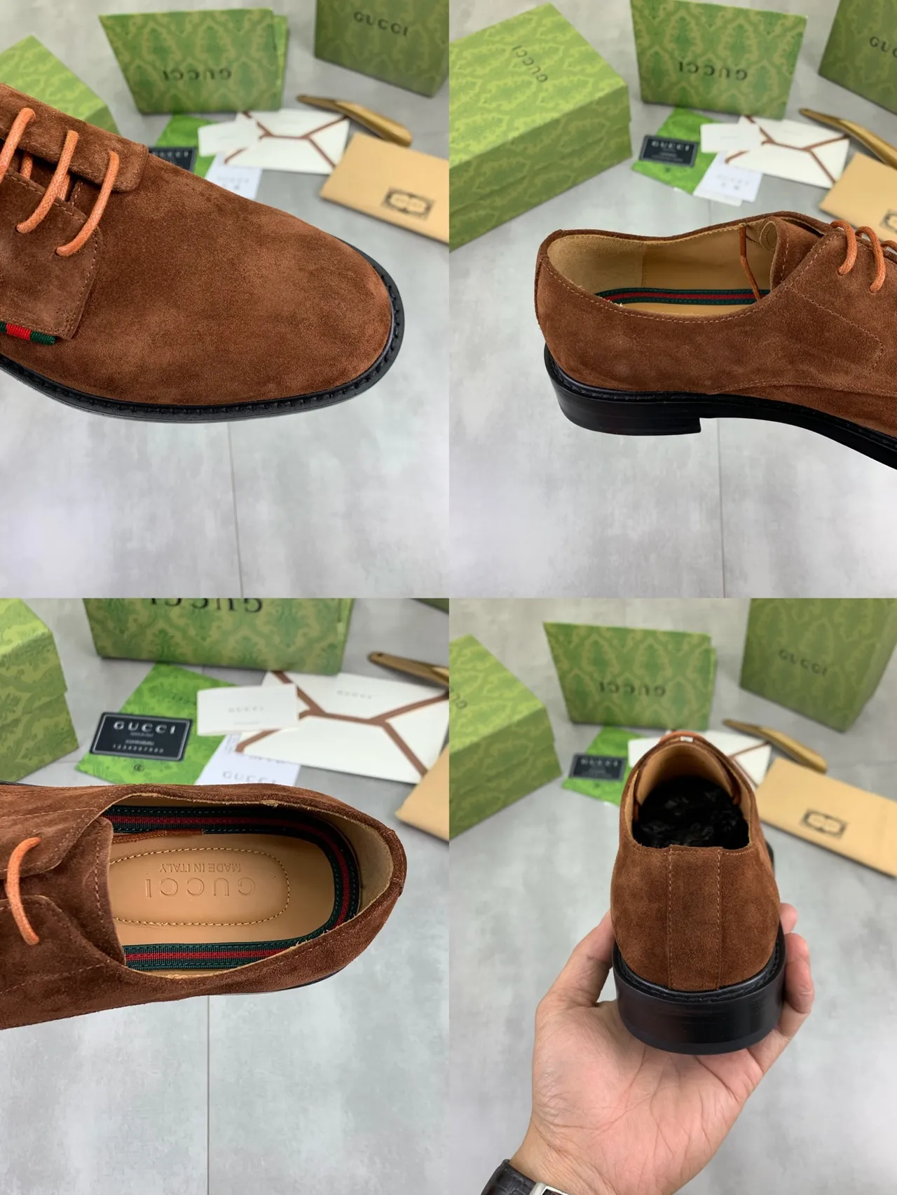 Gucci Brown Black Suede Upper Web Stripe Detail Derby Shoes 3