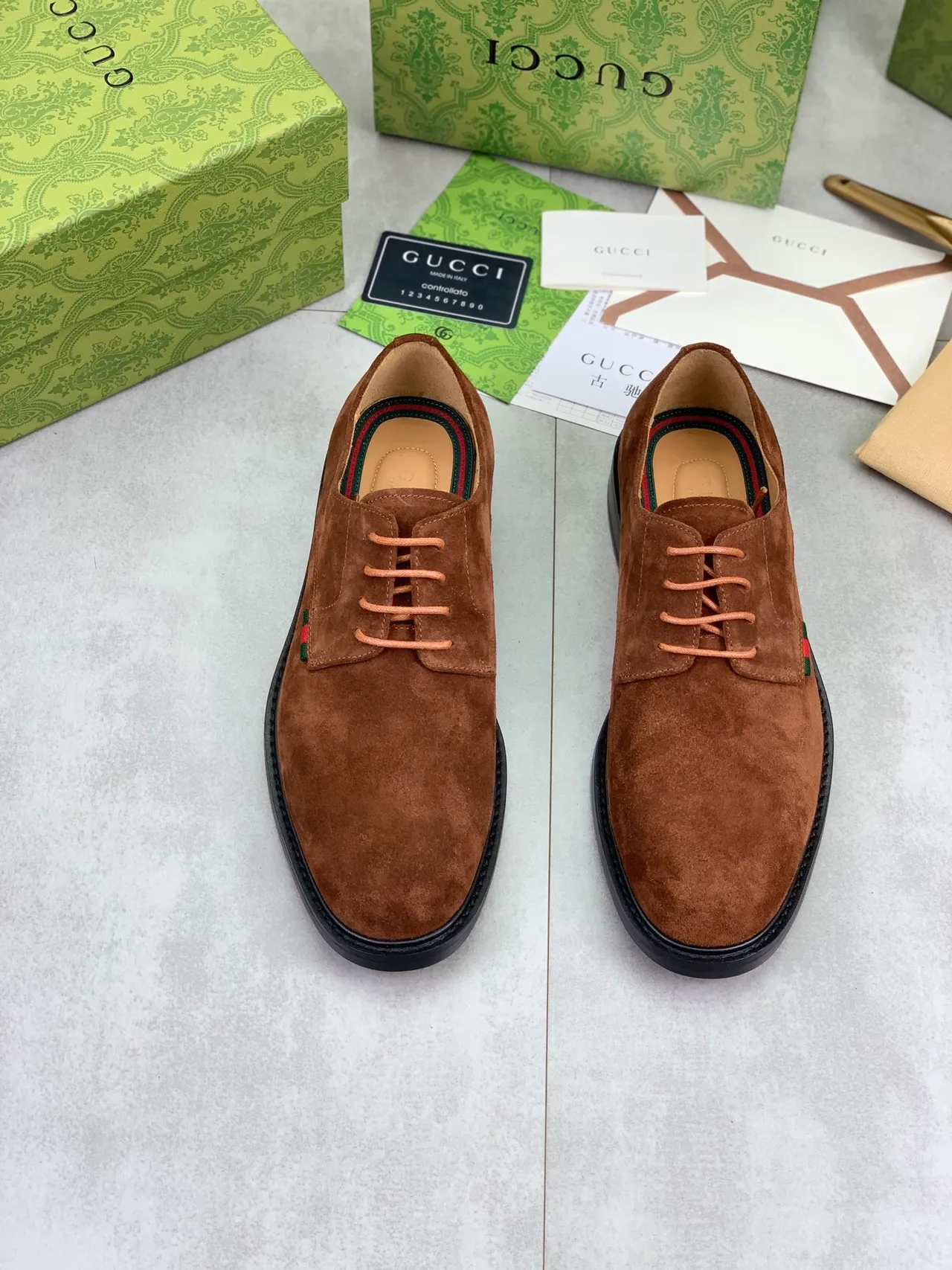 Gucci Brown Black Suede Upper Web Stripe Detail Derby Shoes 5
