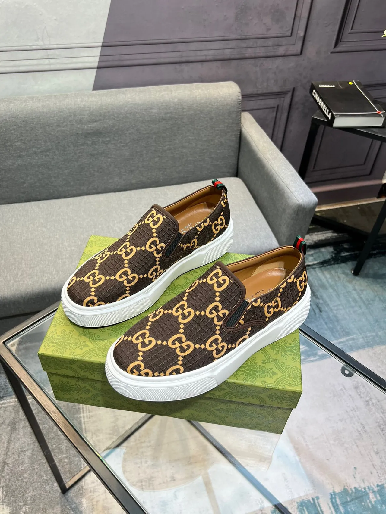 Gucci Brown Gold GG Monogram Canvas Slip-On Lifestyle Sneakers 9