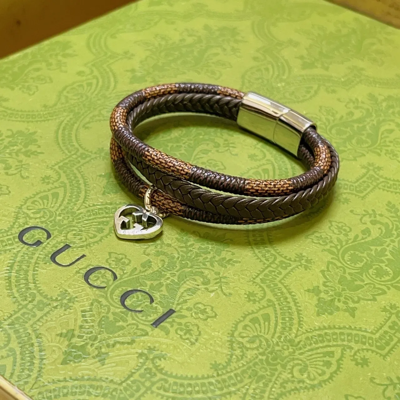Gucci Brown Silver Double-Wrap Braided Bracelet 2