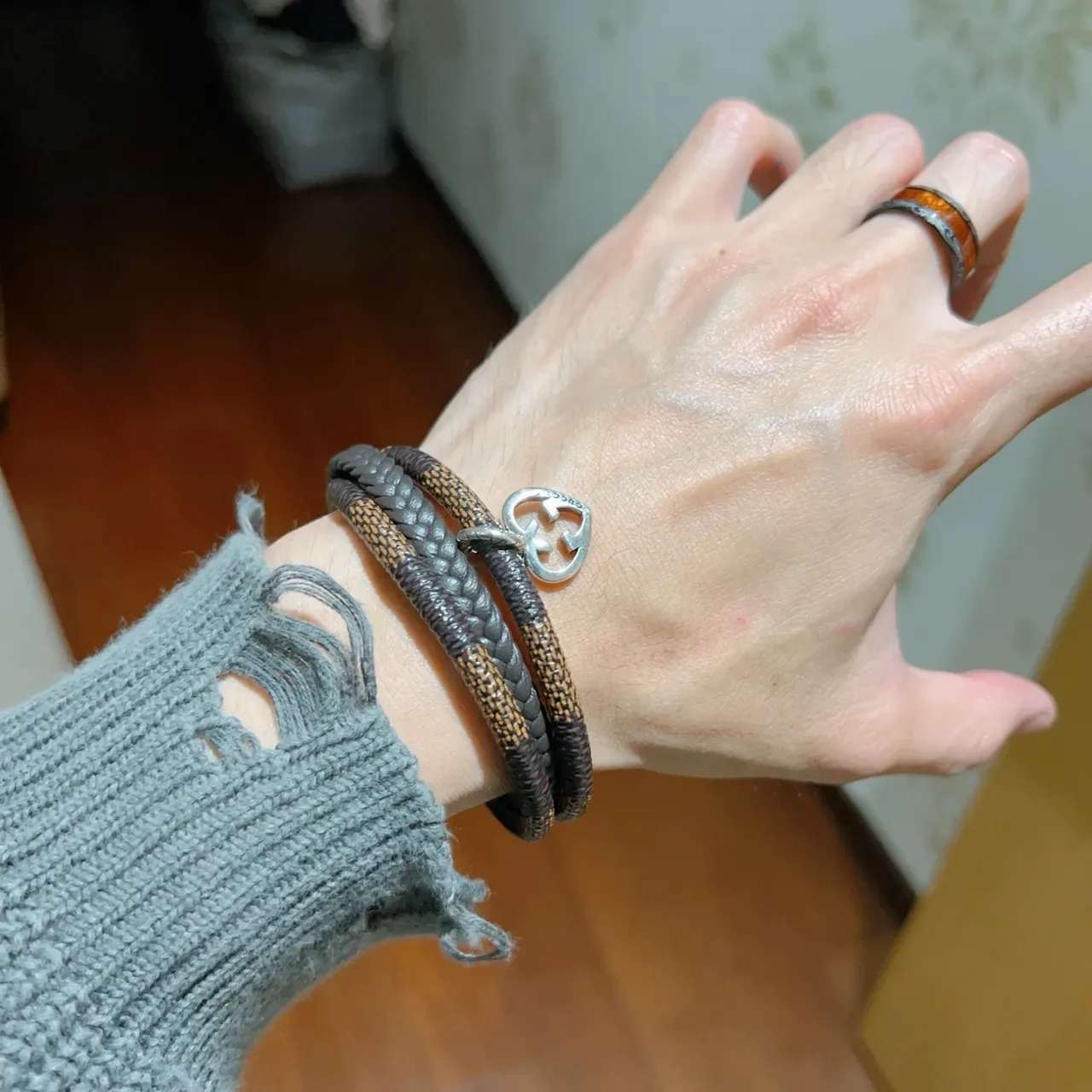 Gucci Brown Silver Double-Wrap Braided Bracelet 3