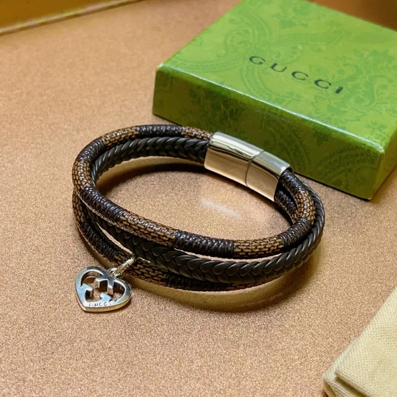 Gucci Brown Silver Double-Wrap Braided Bracelet 4