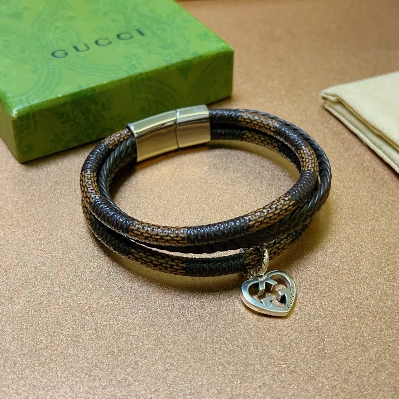 Gucci Brown Silver Double-Wrap Braided Bracelet 7