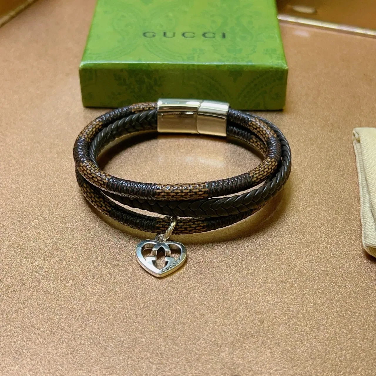 Gucci Brown Silver Double-Wrap Braided Bracelet 9