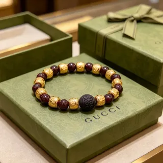 Gucci Burgundy Gold Beaded Metal Accents Bracelet