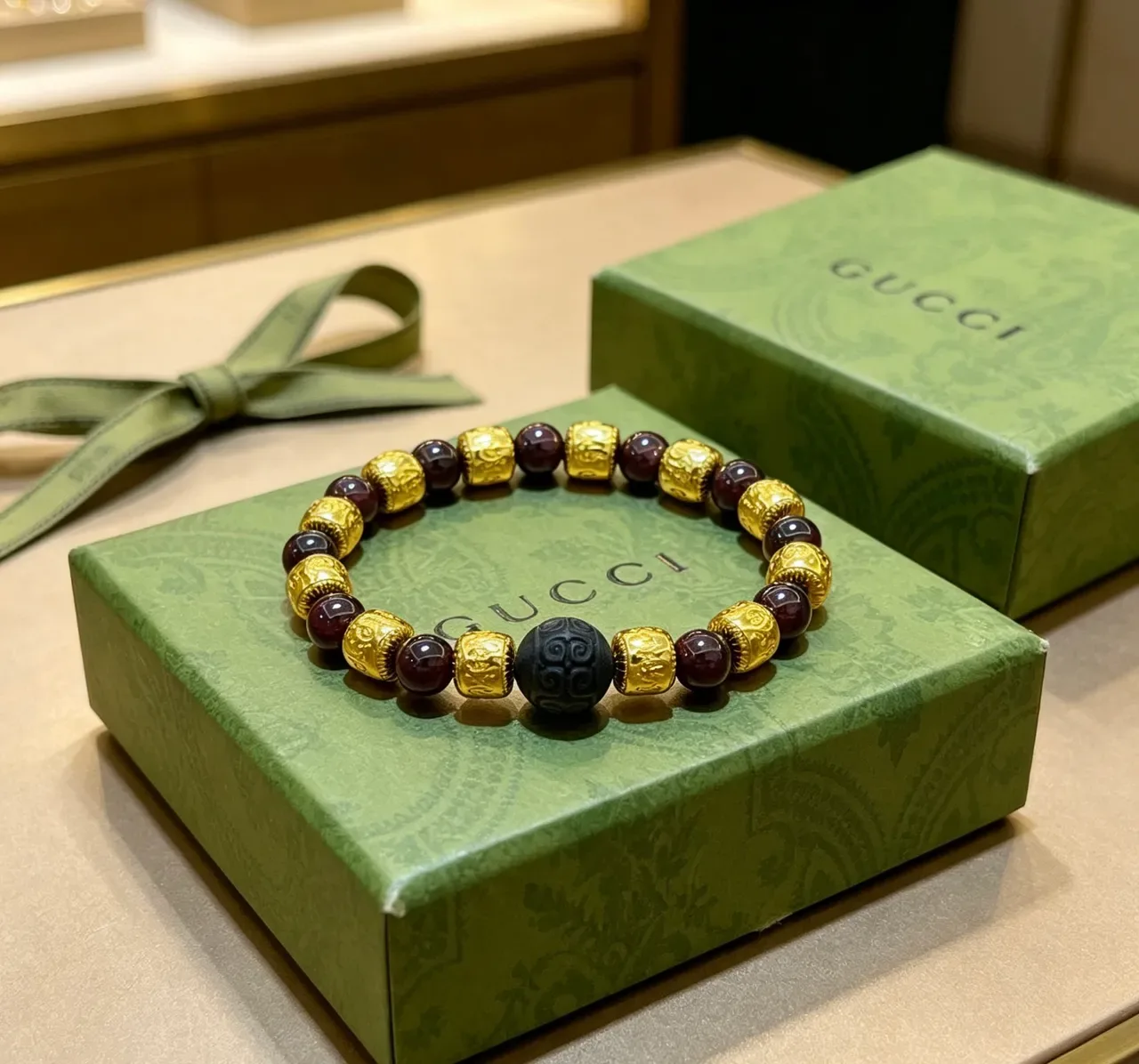 Gucci Burgundy Gold Beaded Metal Accents Bracelet 2