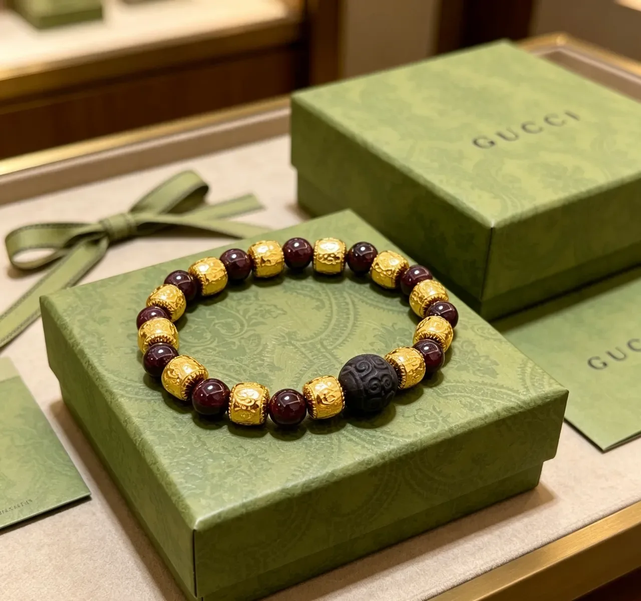 Gucci Burgundy Gold Beaded Metal Accents Bracelet 3