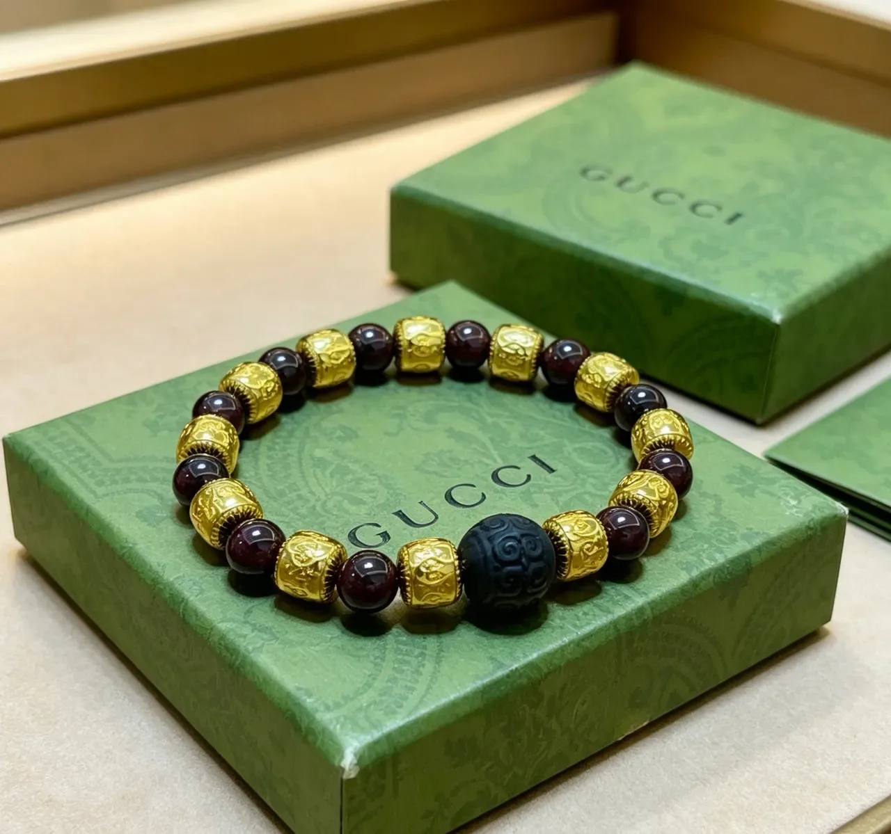Gucci Burgundy Gold Beaded Metal Accents Bracelet 5