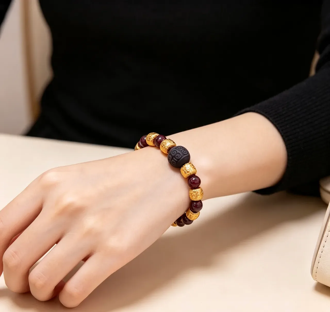 Gucci Burgundy Gold Beaded Metal Accents Bracelet 6