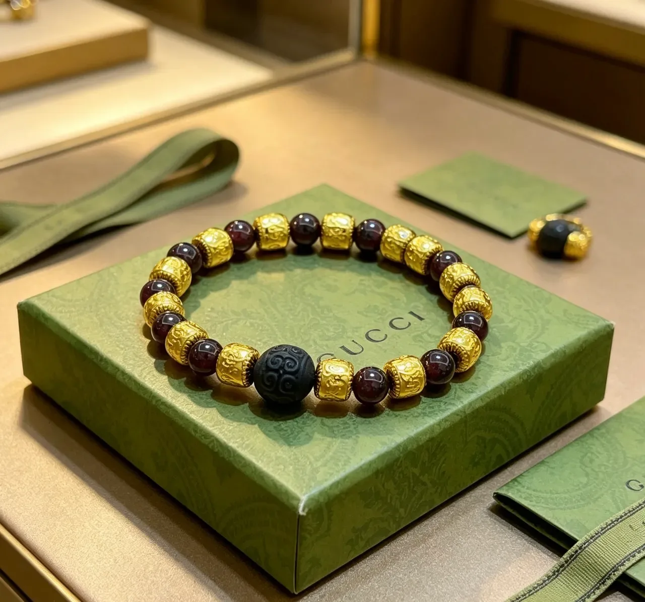 Gucci Burgundy Gold Beaded Metal Accents Bracelet 7