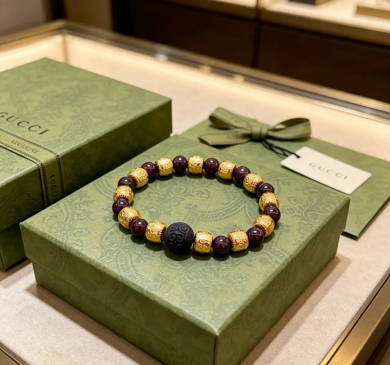 Gucci Burgundy Gold Beaded Metal Accents Bracelet 9