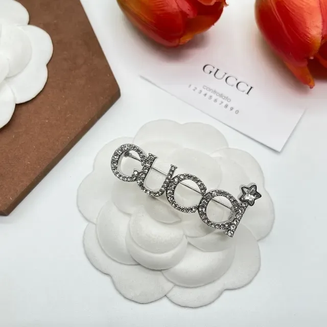 Gucci Crystal Logotype Brooch Silver White Brooch 1
