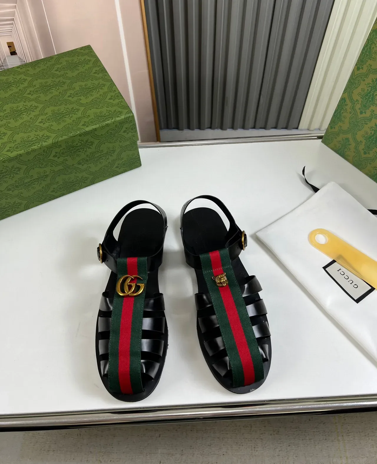 Gucci Dionysus Black Green Ribbed Toe Guard Web Stripe Strap Gladiator Sandals 2