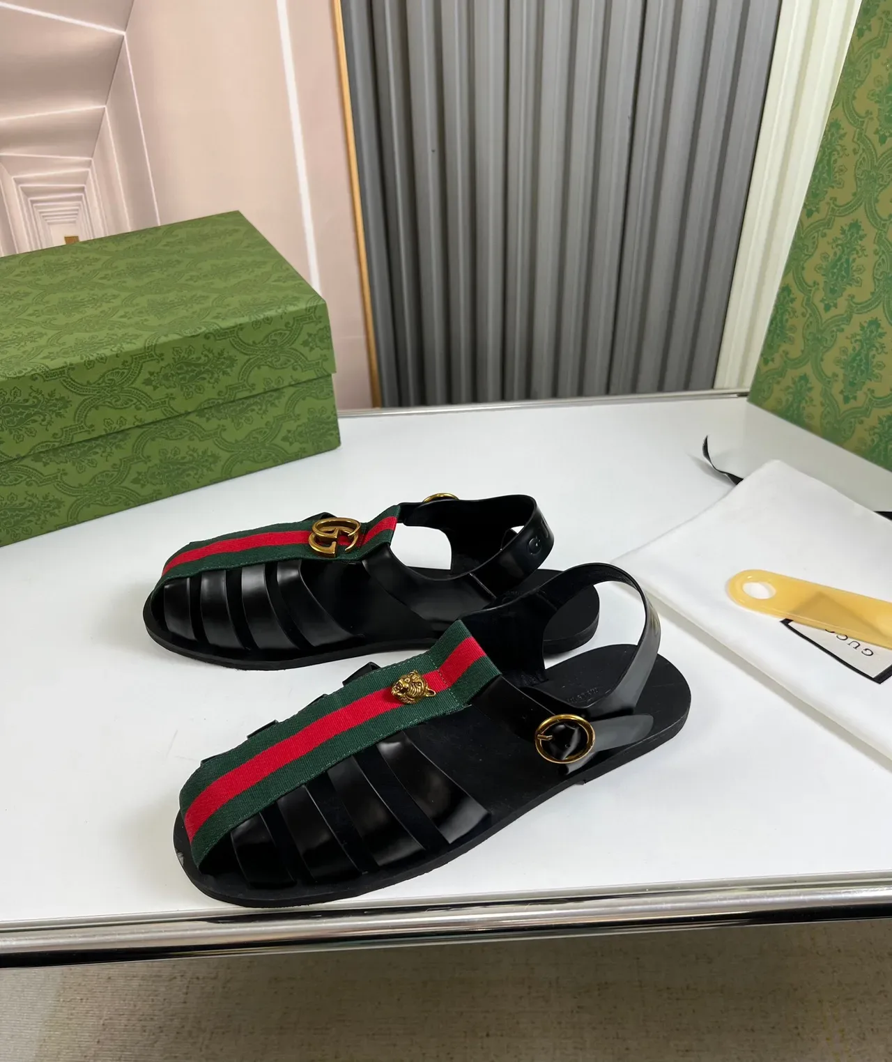 Gucci Dionysus Black Green Ribbed Toe Guard Web Stripe Strap Gladiator Sandals 3
