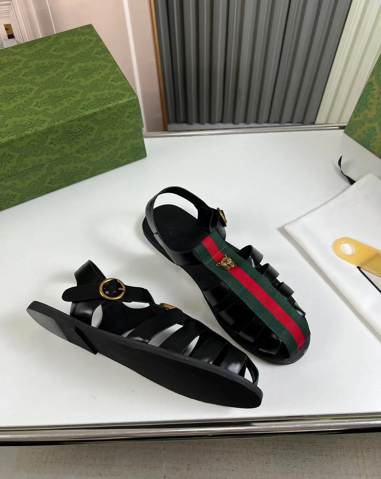 Gucci Dionysus Black Green Ribbed Toe Guard Web Stripe Strap Gladiator Sandals 5
