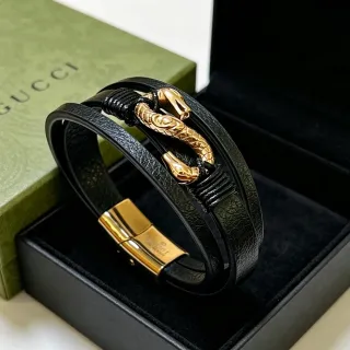 Gucci Dionysus Doble Cabeza de Serpiente Pulsera de Cuero Negro