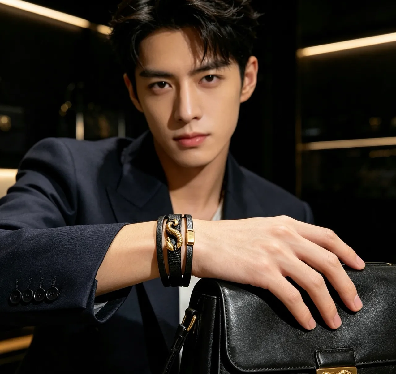 Gucci Dionysus Dupla Cabeça de Cobra Pulseira de Couro Preto 2