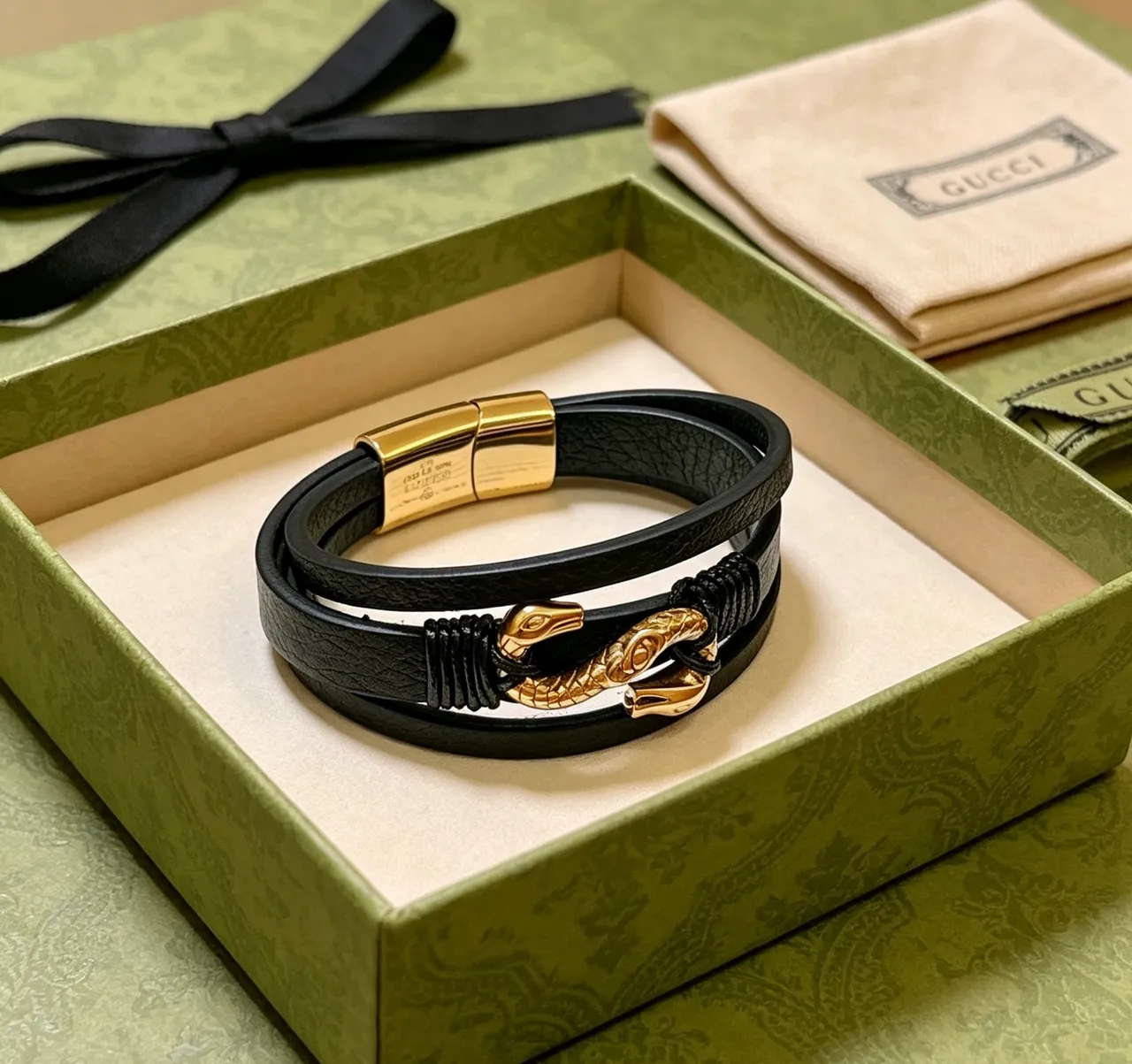 Gucci Dionysus Dupla Cabeça de Cobra Pulseira de Couro Preto 3