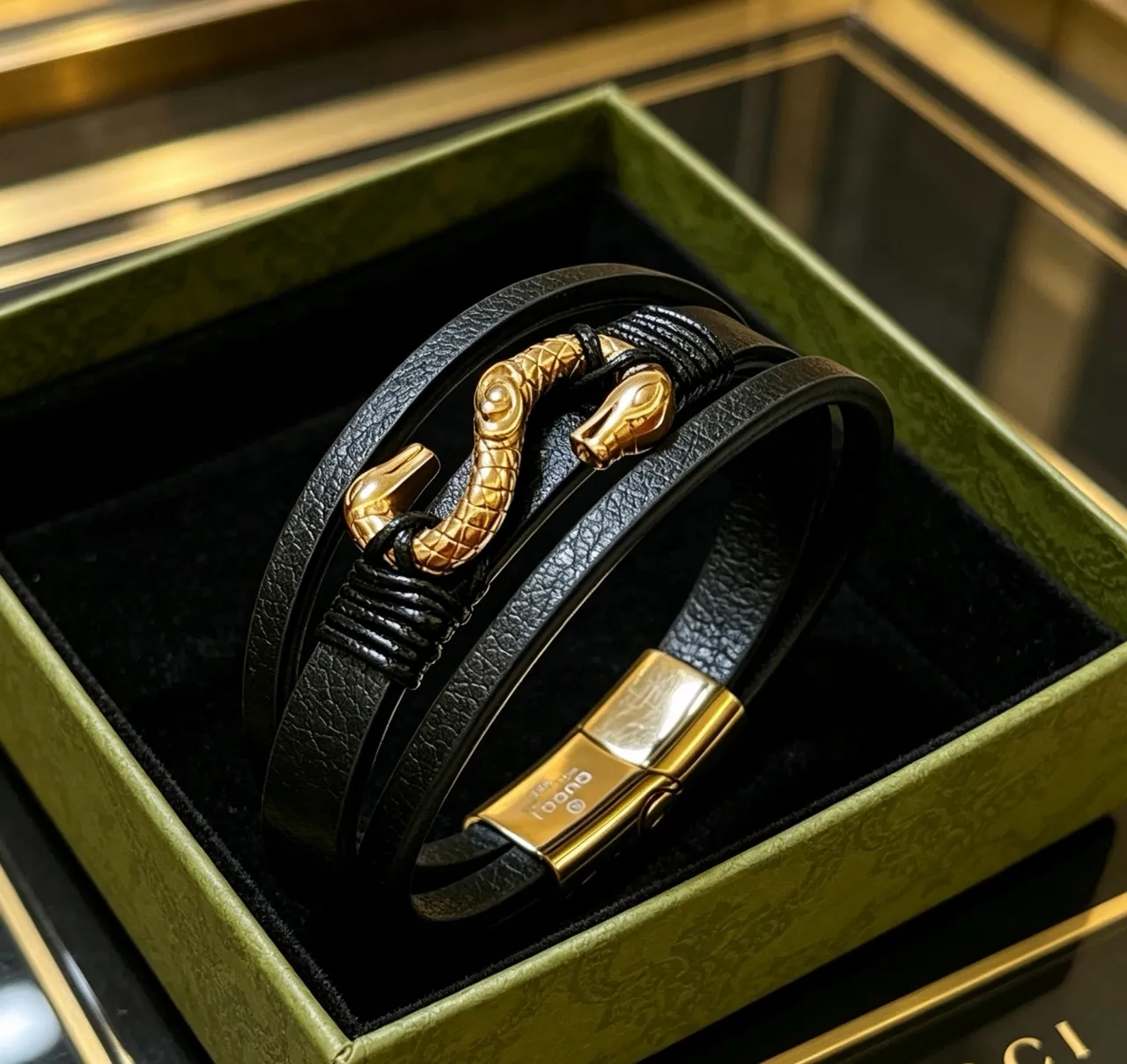 Gucci Dionysus Dupla Cabeça de Cobra Pulseira de Couro Preto 4