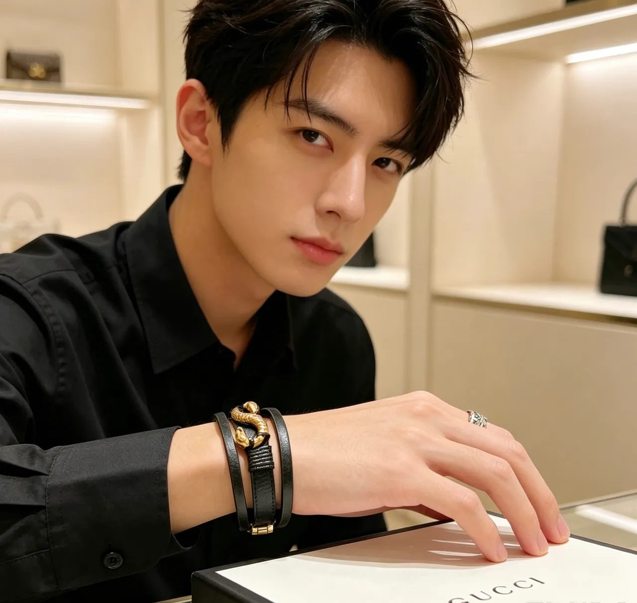 Gucci Dionysus Dupla Cabeça de Cobra Pulseira de Couro Preto 5