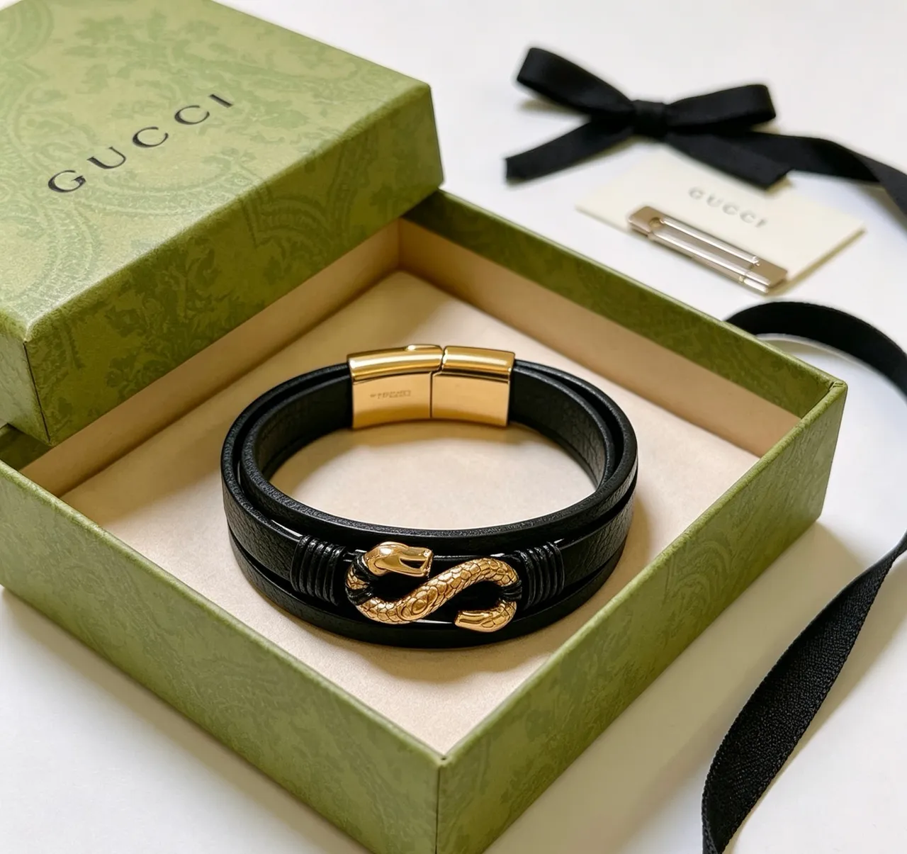 Gucci Dionysus Dupla Cabeça de Cobra Pulseira de Couro Preto 7