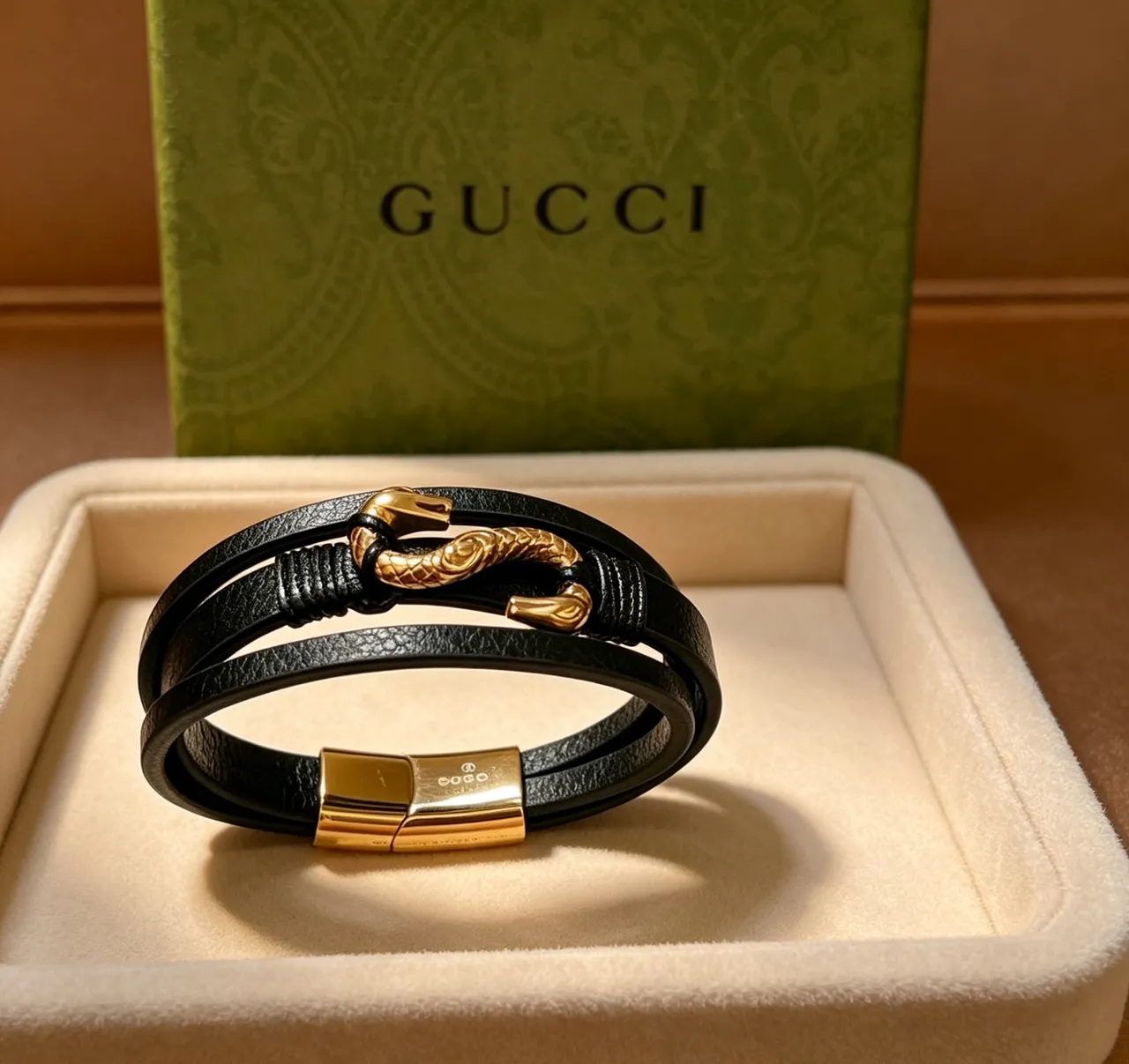 Gucci Dionysus Dupla Cabeça de Cobra Pulseira de Couro Preto 9