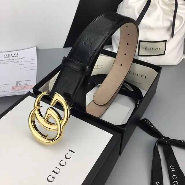 Ceinture Gucci Double G Noir Doré Gravé GG Monogramme Boucle Interlocking en Cuir 4
