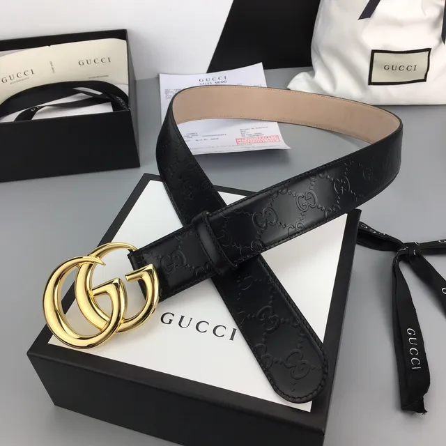 Ceinture Gucci Double G Noir Doré Gravé GG Monogramme Boucle Interlocking en Cuir 6
