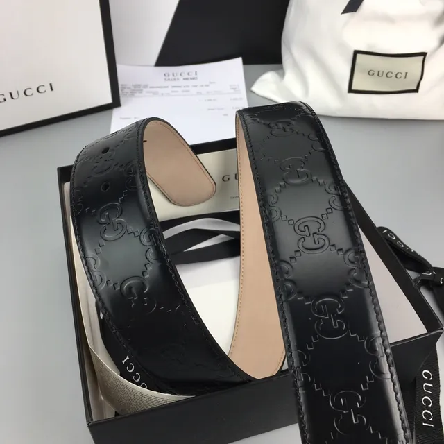 Ceinture Gucci Double G Noir Doré Gravé GG Monogramme Boucle Interlocking en Cuir 7