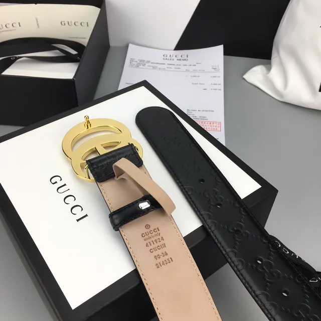 Ceinture Gucci Double G Noir Doré Gravé GG Monogramme Boucle Interlocking en Cuir 8