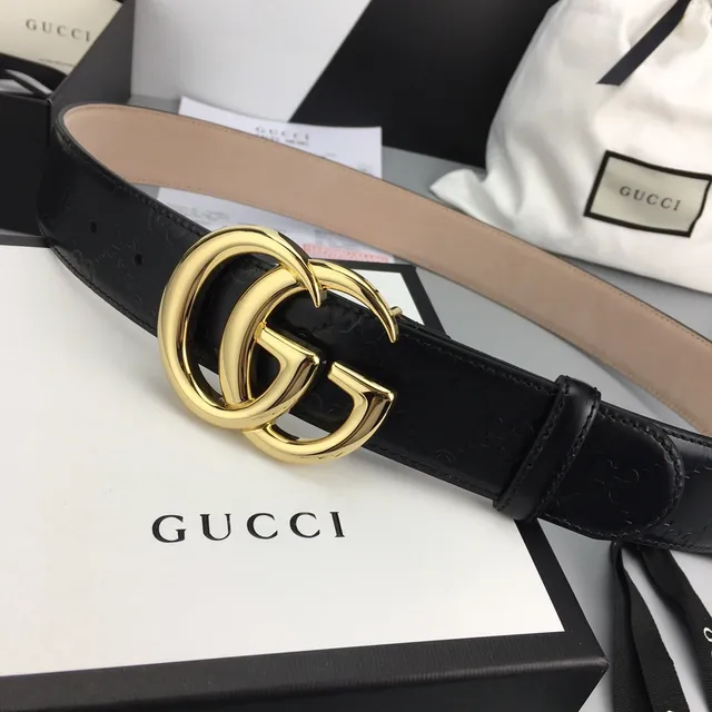 Ceinture Gucci Double G Noir Doré Gravé GG Monogramme Boucle Interlocking en Cuir 9