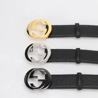 Gucci Double G Belt Black Gold Interlocking Buckle Embossed GG Monogram Leather Belt