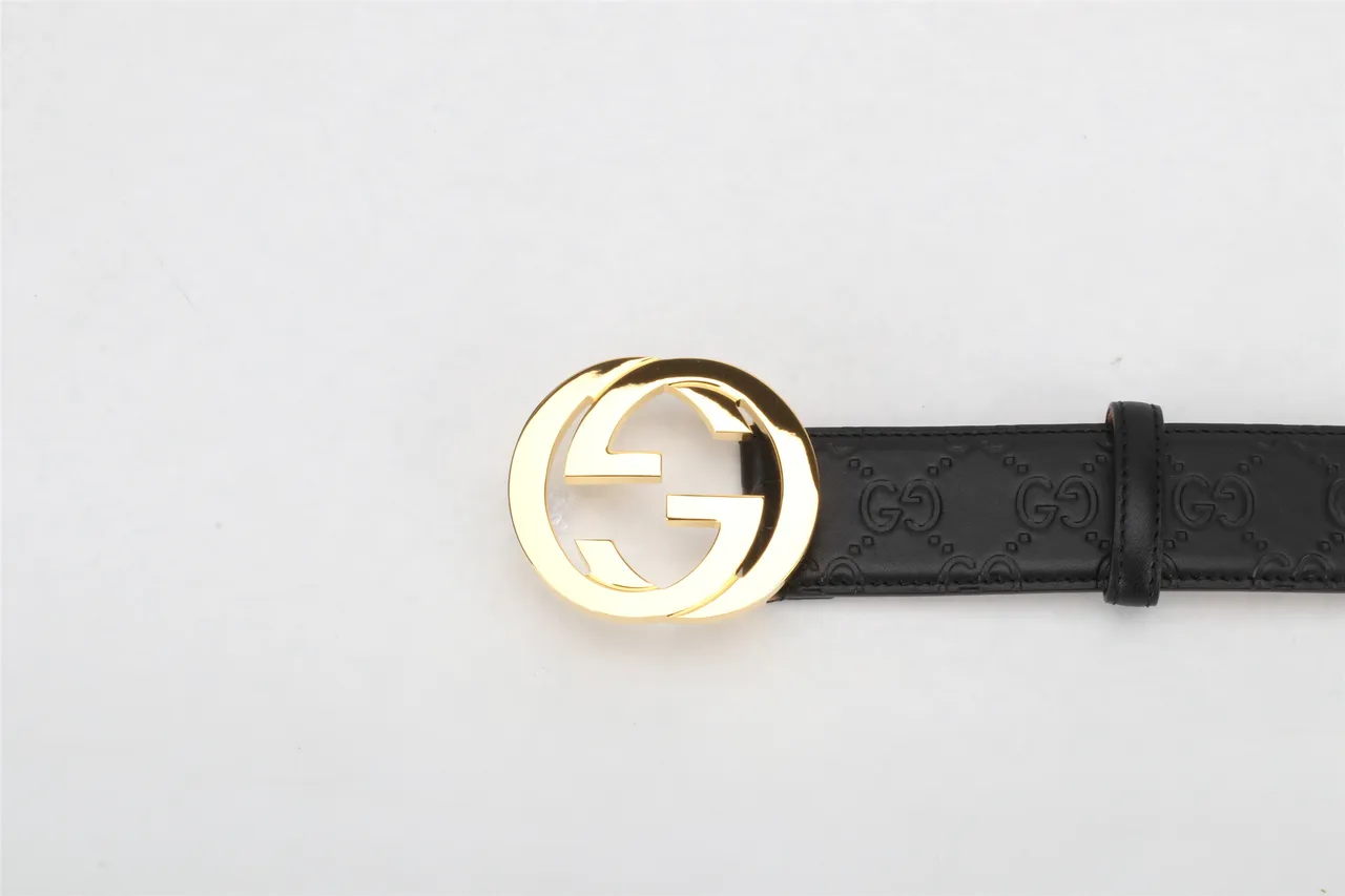 Gucci Double G Belt Black Gold Interlocking Buckle Embossed GG Monogram Leather Belt 4