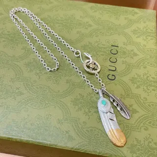 Gucci Feather Silver Gold Chain Dual Pendant Necklace