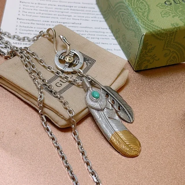 Gucci Feather Silver Gold Chain Dual Pendant Necklace 3