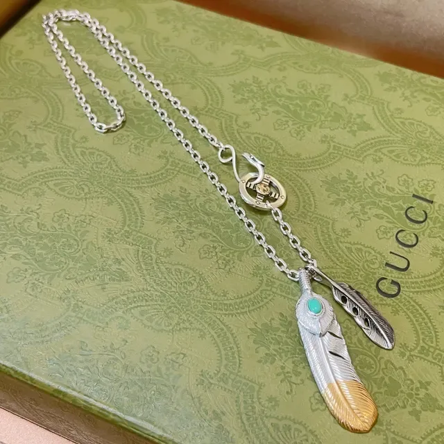 Gucci Feather Silver Gold Chain Dual Pendant Necklace 4