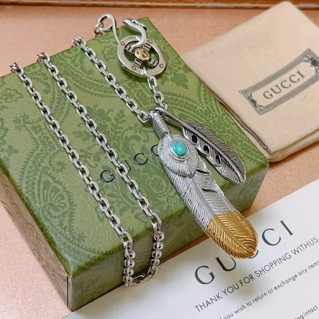 Gucci Feather Silver Gold Chain Dual Pendant Necklace 9